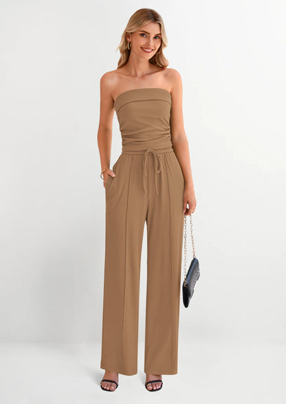 Osonn 2 Piece Sets Casual Ribbed Knit Crop Tube Top Wide Leg Pants Lounge Set