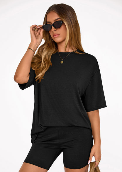 Osonn Women's Two Piece Matching Lounge Sets Summer Casual Tops Short Sleeve Shirts Shorts Travel Airport Outfits