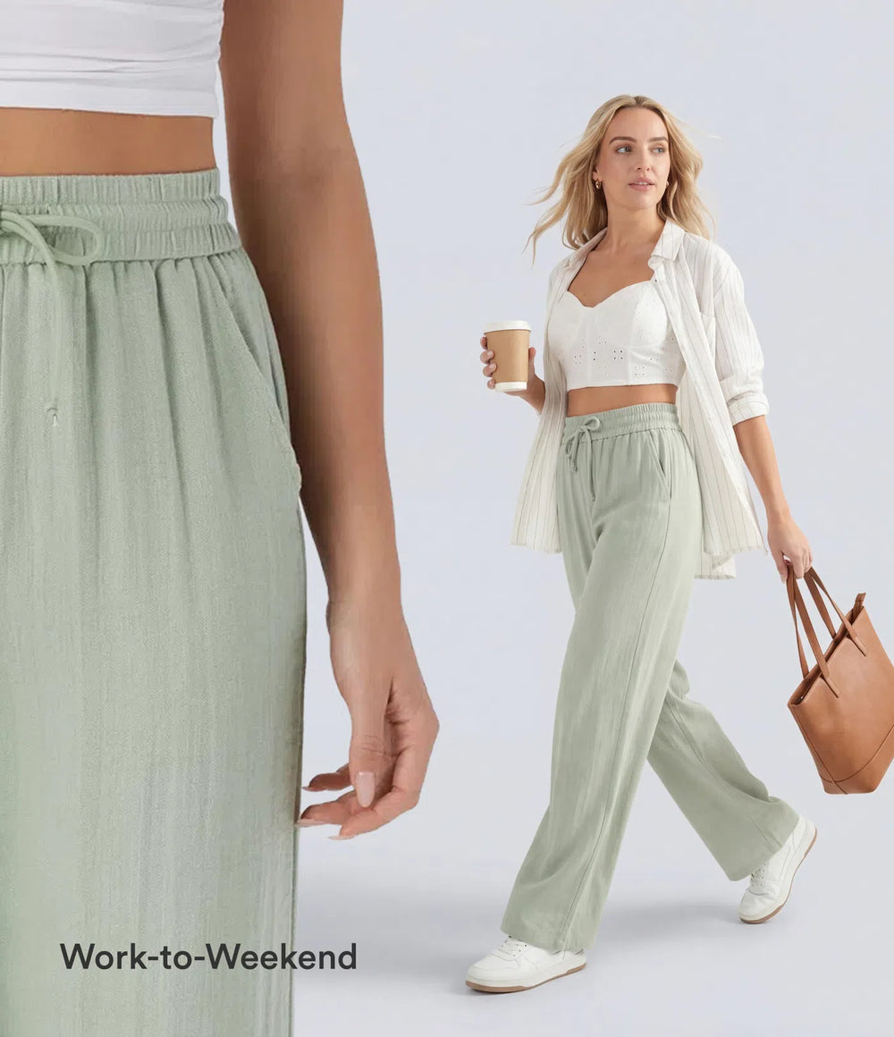 High Waisted Drawstring Pocket Wide Leg Casual Linen-Feel Pants