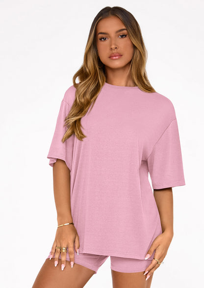 Osonn Women's Two Piece Matching Lounge Sets Summer Casual Tops Short Sleeve Shirts Shorts Travel Airport Outfits