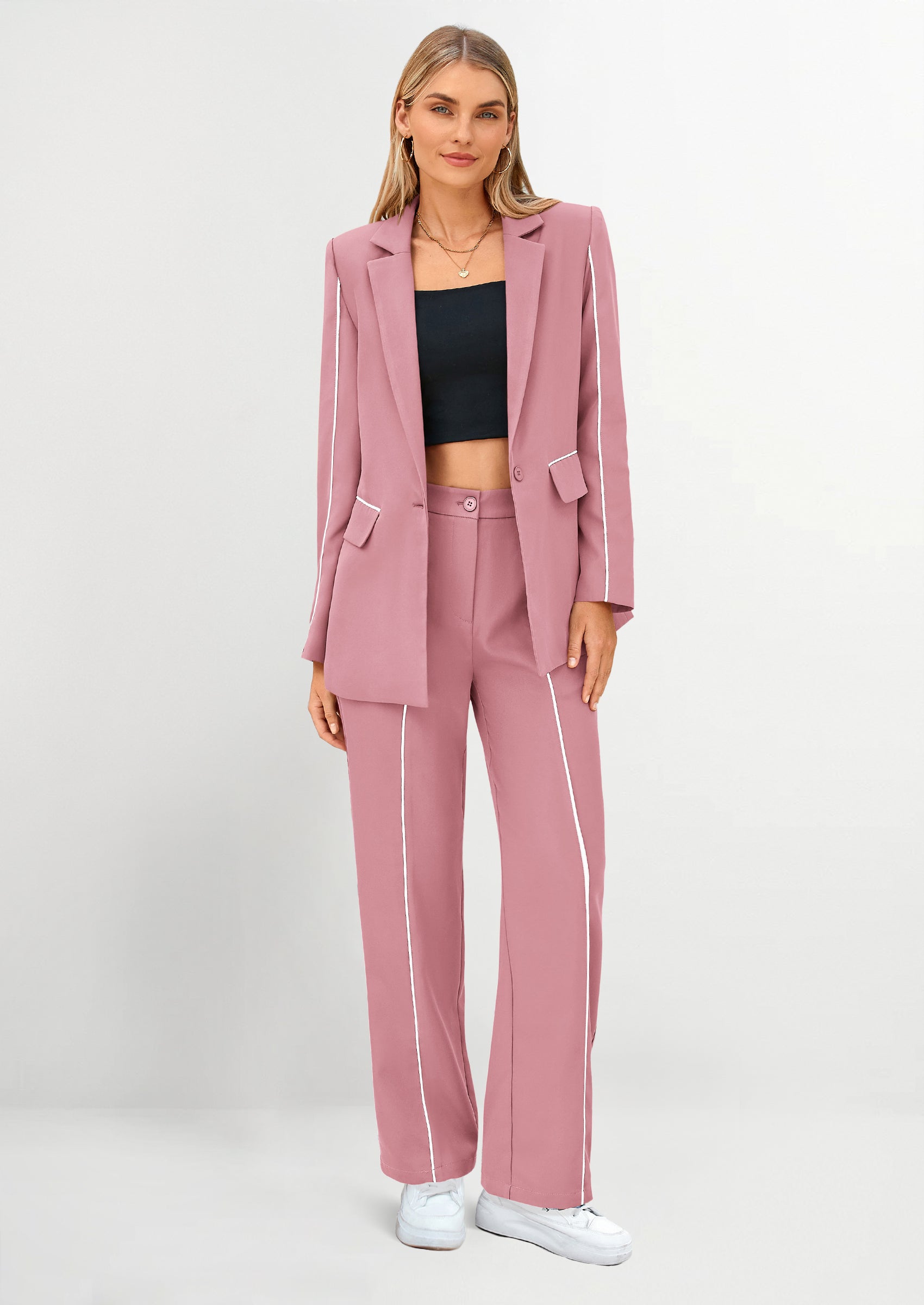 Osonn 2 Piece Blazer Outfits Business Casual Oversized Jacket Wide Leg Work Pants Dressy Suit Set