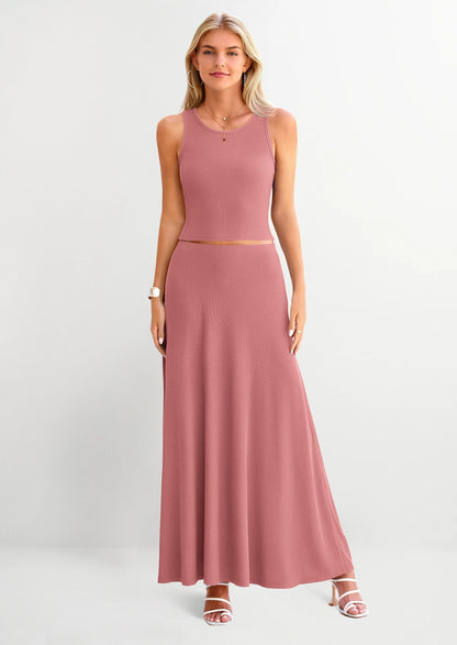 Osonn 2 Piece Maxi Skirt Sets Casual Knit Cropped Tank Top High Waisted Long Skirts Outfit