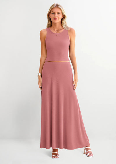 Osonn 2 Piece Maxi Skirt Sets Casual Knit Cropped Tank Top High Waisted Long Skirts Outfit