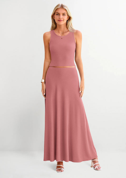Osonn 2 Piece Maxi Skirt Sets Casual Knit Cropped Tank Top High Waisted Long Skirts Outfit