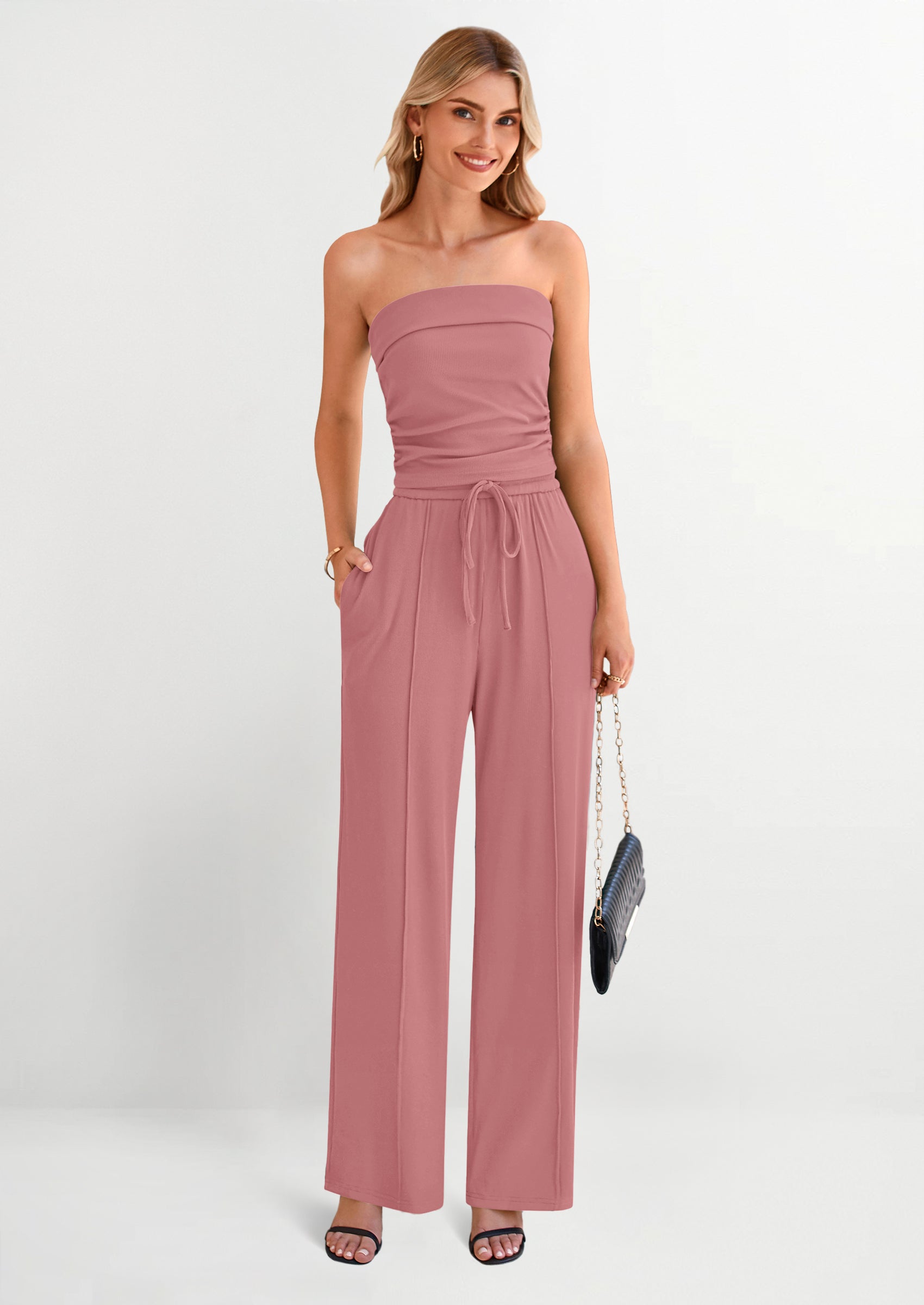 Osonn 2 Piece Sets Casual Ribbed Knit Crop Tube Top Wide Leg Pants Lounge Set