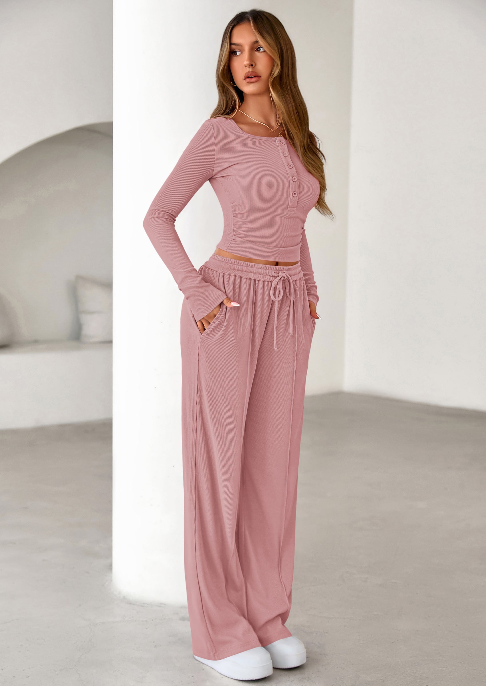 Osonn Women's Fall Trendy 2 Piece Outfits Lounge Sets Long Sleeve Top Henley Shirts Wide Leg Pants Travel Clothes