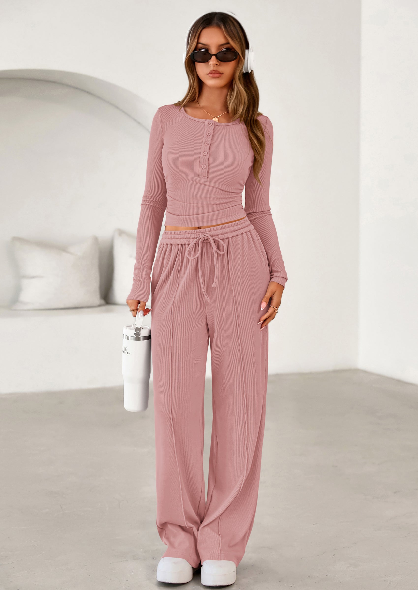 Osonn Women's Fall Trendy 2 Piece Outfits Lounge Sets Long Sleeve Top Henley Shirts Wide Leg Pants Travel Clothes