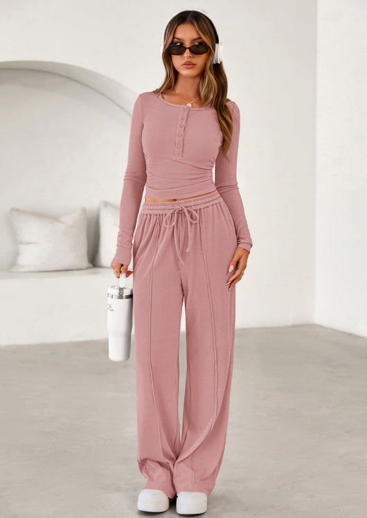 Osonn Women's Fall Trendy 2 Piece Outfits Lounge Sets Long Sleeve Top Henley Shirts Wide Leg Pants Travel Clothes