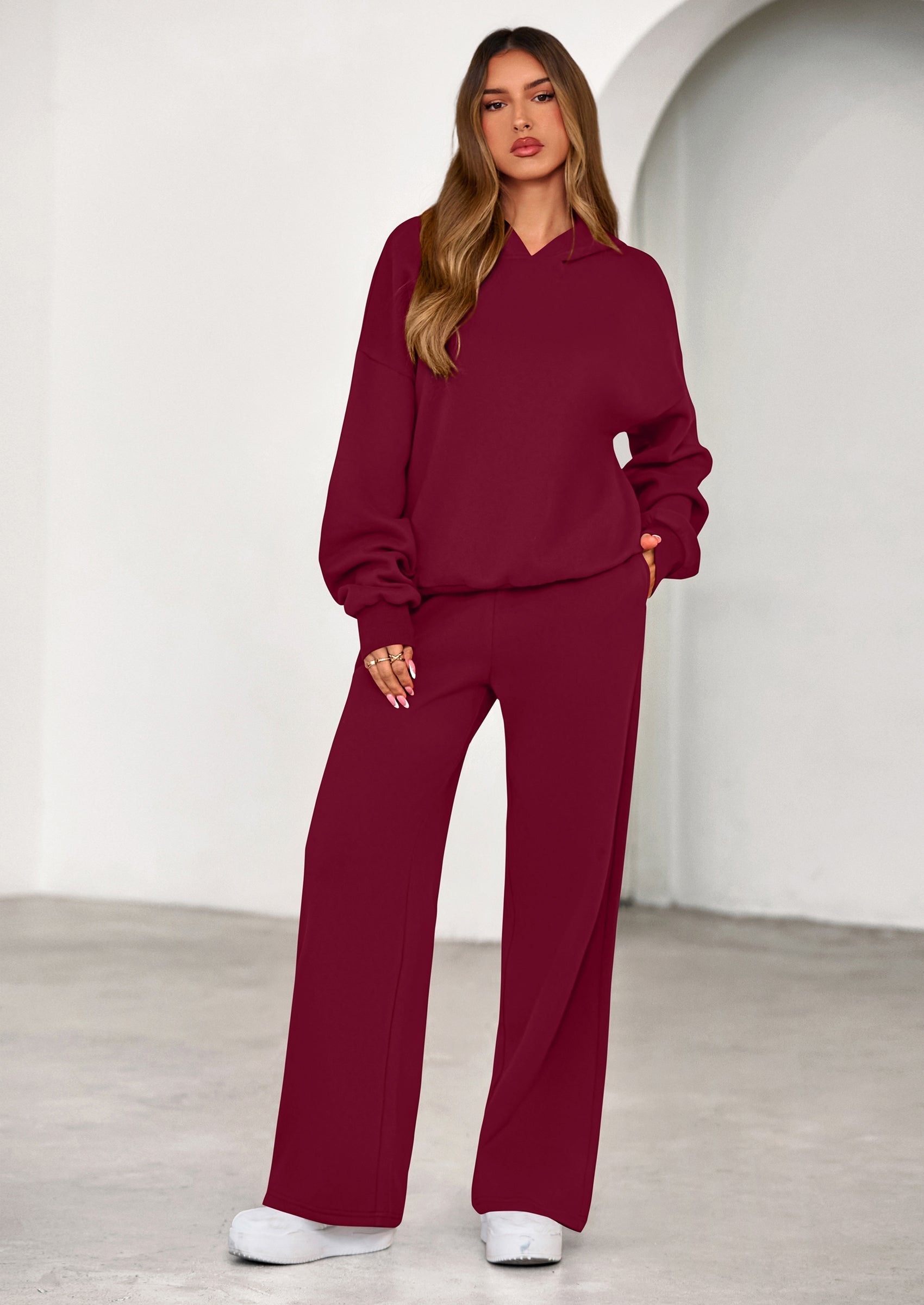Osonn Womens Sweatsuits 2 Piece Set Casual Winter Long Sleeve Hoodie Loose Wide Leg Sweatpants Fall Tracksuit