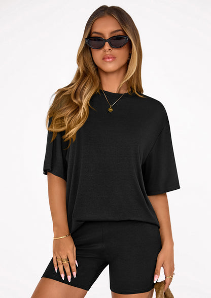 Osonn Women's Two Piece Matching Lounge Sets Summer Casual Tops Short Sleeve Shirts Shorts Travel Airport Outfits