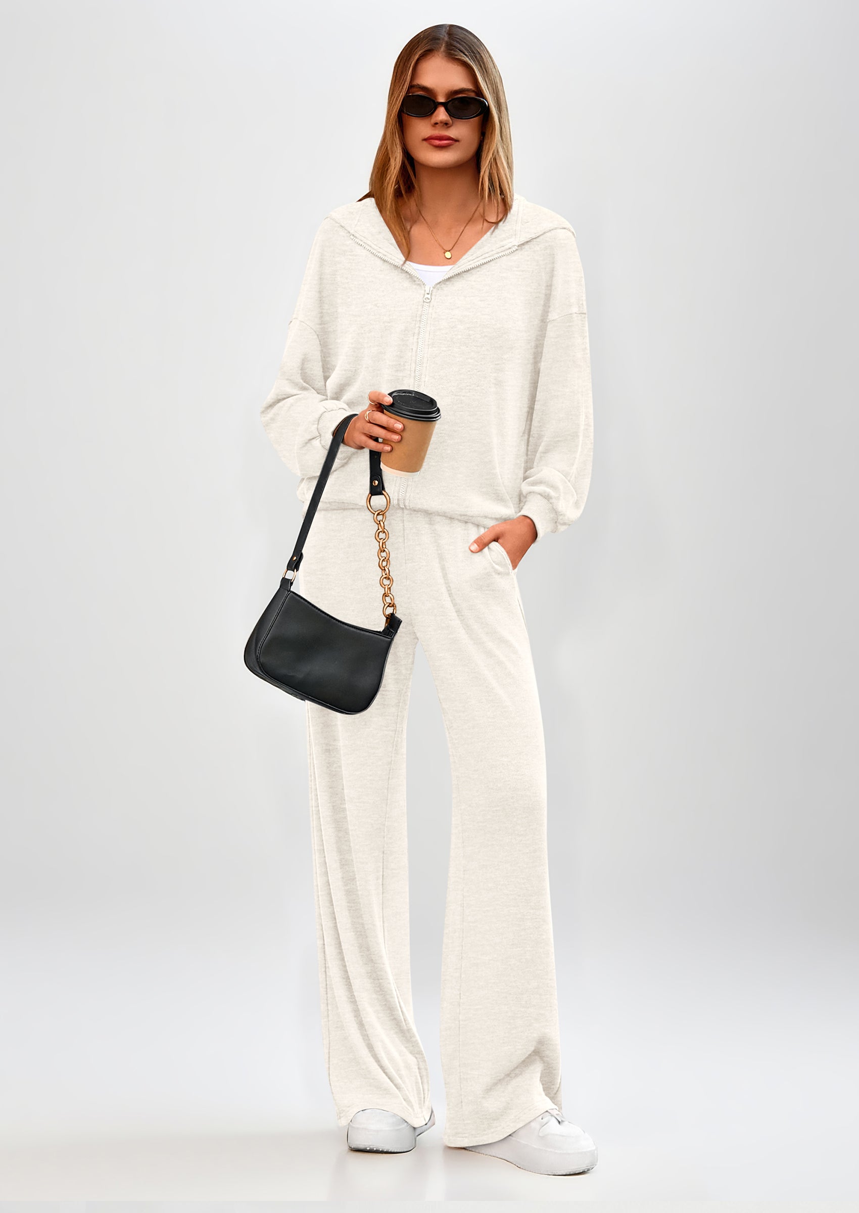 Osonn Women's 2 Piece Fall Lounge Sets Zip Up Hoodie Wide Leg Pants Tracksuit Matching Travel Outfits Clothes
