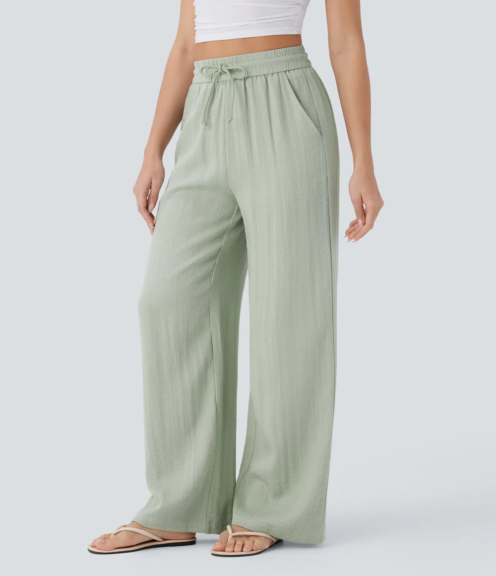 High Waisted Drawstring Pocket Wide Leg Casual Linen-Feel Pants