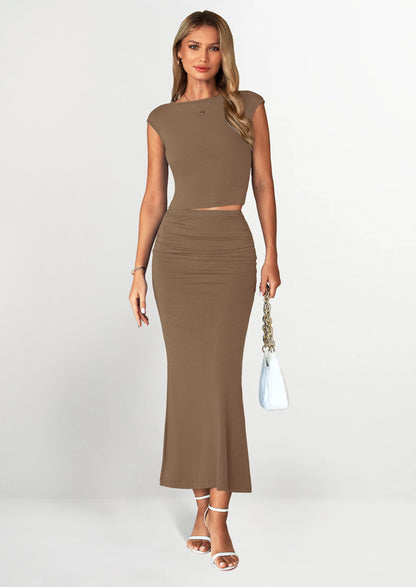 Osonn Summer 2 Piece Sets for Women Going Out Casual Cap Sleeve Crop Tops Ruched Maxi Long Skirts Spring Outfits