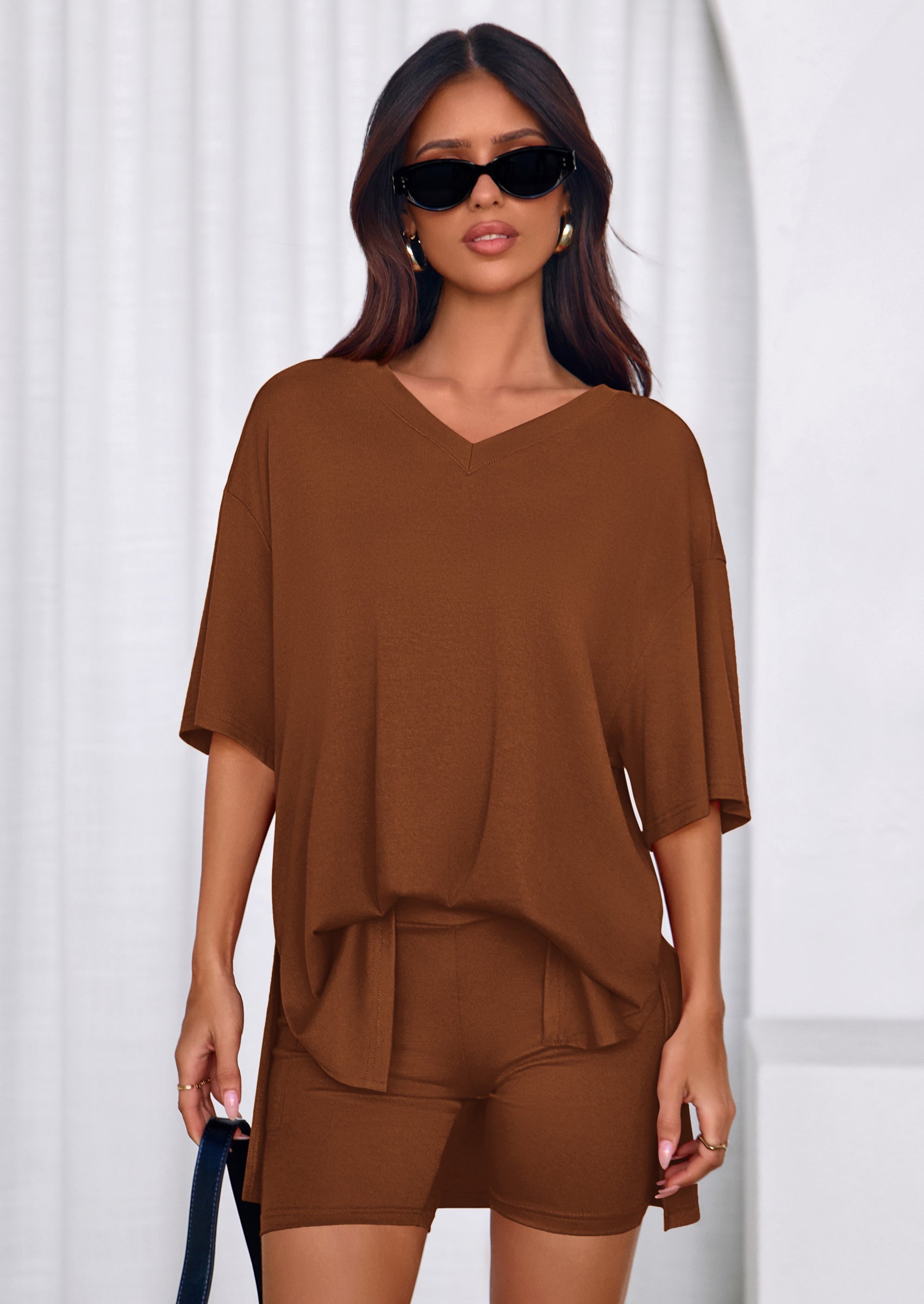 Osonn 2 Piece Sets for Women Summer Lounge Short Set Spring Matching Biker Shorts V Neck Oversized Shirt Clothing