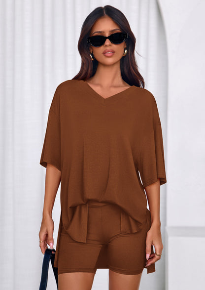 Osonn 2 Piece Sets for Women Summer Lounge Short Set Spring Matching Biker Shorts V Neck Oversized Shirt Clothing