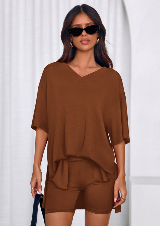 Osonn 2 Piece Sets for Women Summer Lounge Short Set Spring Matching Biker Shorts V Neck Oversized Shirt Clothing