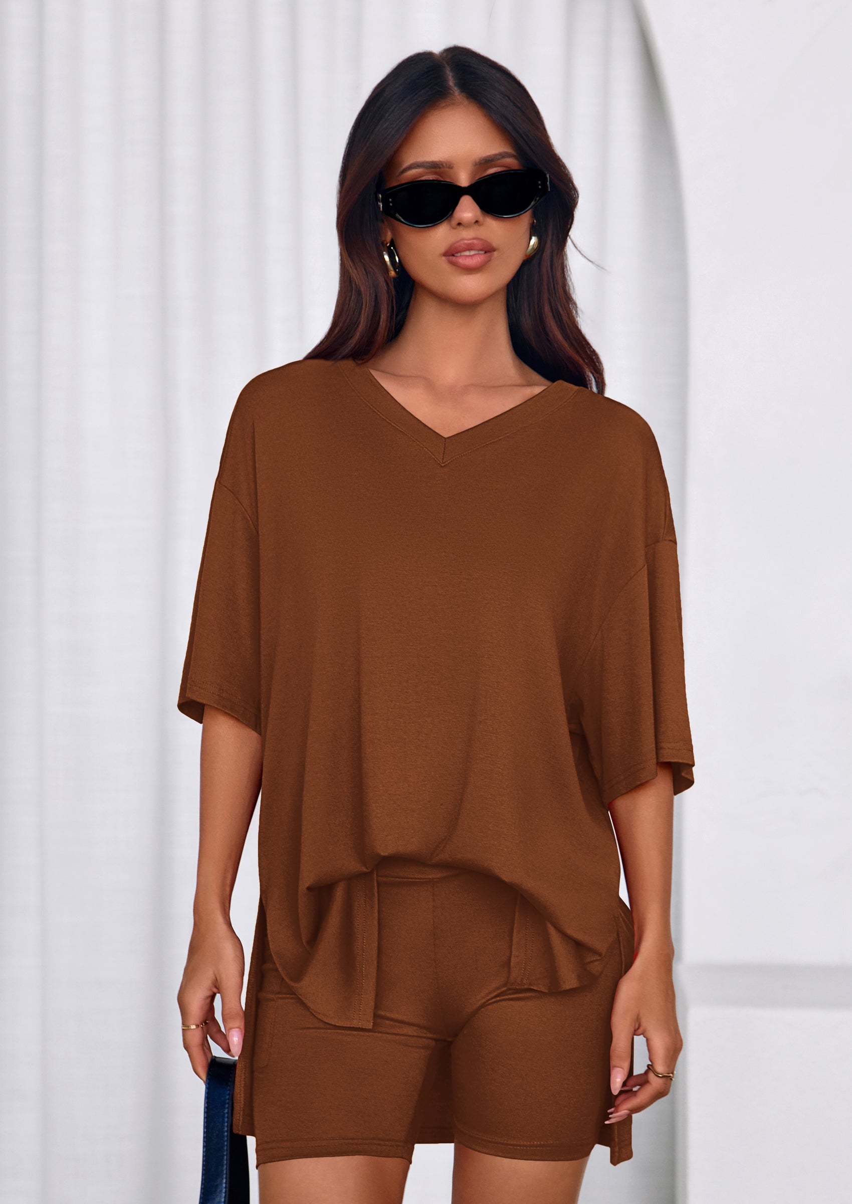 Osonn 2 Piece Sets for Women Summer Lounge Short Set Spring Matching Biker Shorts V Neck Oversized Shirt Clothing
