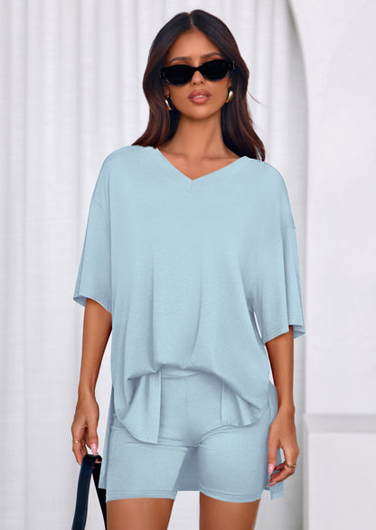 Osonn 2 Piece Sets for Women Summer Lounge Short Set Spring Matching Biker Shorts V Neck Oversized Shirt Clothing