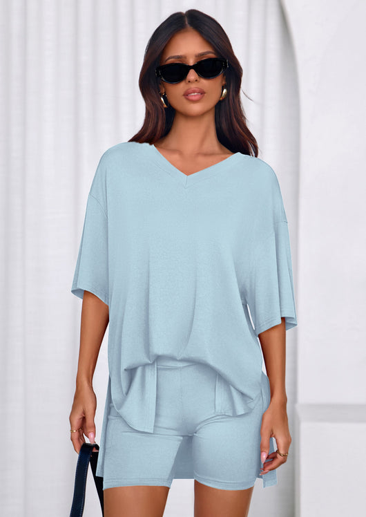Osonn 2 Piece Sets for Women Summer Lounge Short Set Spring Matching Biker Shorts V Neck Oversized Shirt Clothing