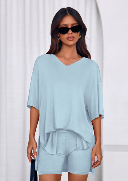 Osonn 2 Piece Sets for Women Summer Lounge Short Set Spring Matching Biker Shorts V Neck Oversized Shirt Clothing