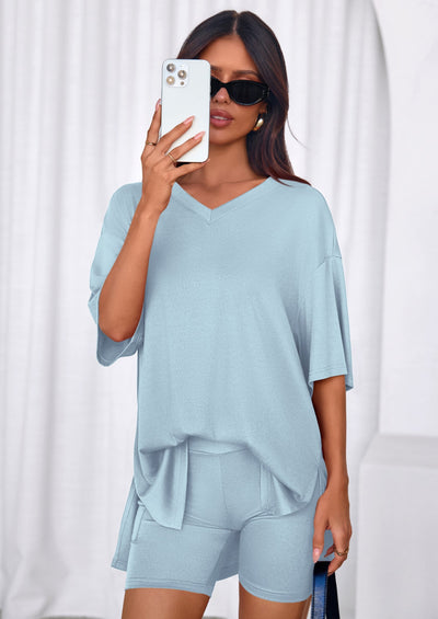 Osonn 2 Piece Sets for Women Summer Lounge Short Set Spring Matching Biker Shorts V Neck Oversized Shirt Clothing