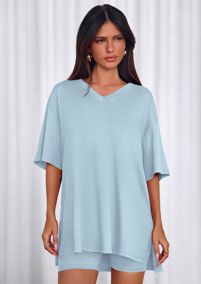 Osonn 2 Piece Sets for Women Summer Lounge Short Set Spring Matching Biker Shorts V Neck Oversized Shirt Clothing