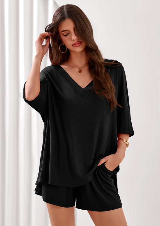 Osonn Womens 2 Piece Sets Oversized Vneck Half Sleeve Tops Shorts Lounge Set Casual Summer Travel Beach Outfits