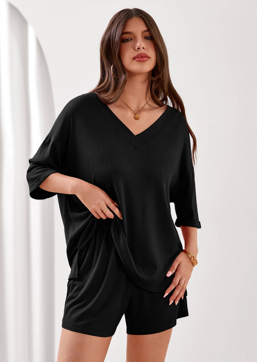 Osonn Womens 2 Piece Sets Oversized Vneck Half Sleeve Tops Shorts Lounge Set Casual Summer Travel Beach Outfits