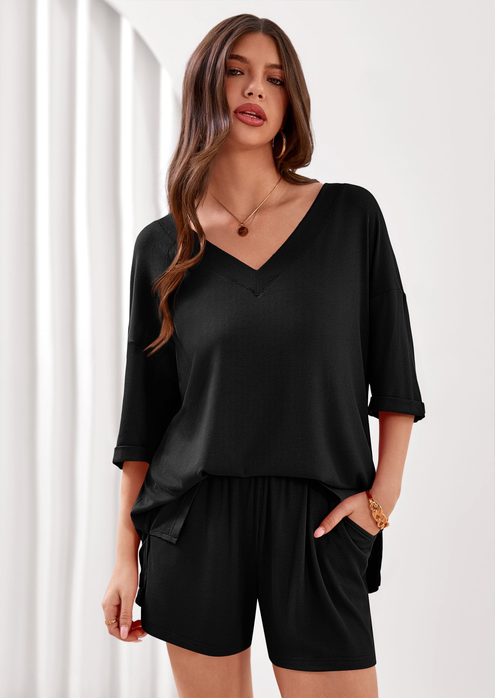 Osonn Womens 2 Piece Sets Oversized Vneck Half Sleeve Tops Shorts Lounge Set Casual Summer Travel Beach Outfits