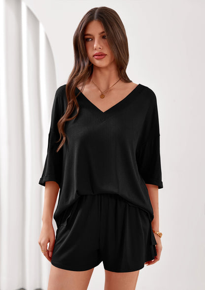 Osonn Womens 2 Piece Sets Oversized Vneck Half Sleeve Tops Shorts Lounge Set Casual Summer Travel Beach Outfits