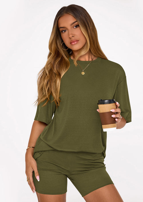 Osonn Women's Two Piece Matching Lounge Sets Summer Casual Tops Short Sleeve Shirts Shorts Travel Airport Outfits