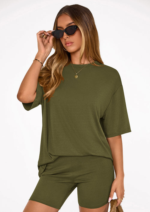Osonn Women's Two Piece Matching Lounge Sets Summer Casual Tops Short Sleeve Shirts Shorts Travel Airport Outfits