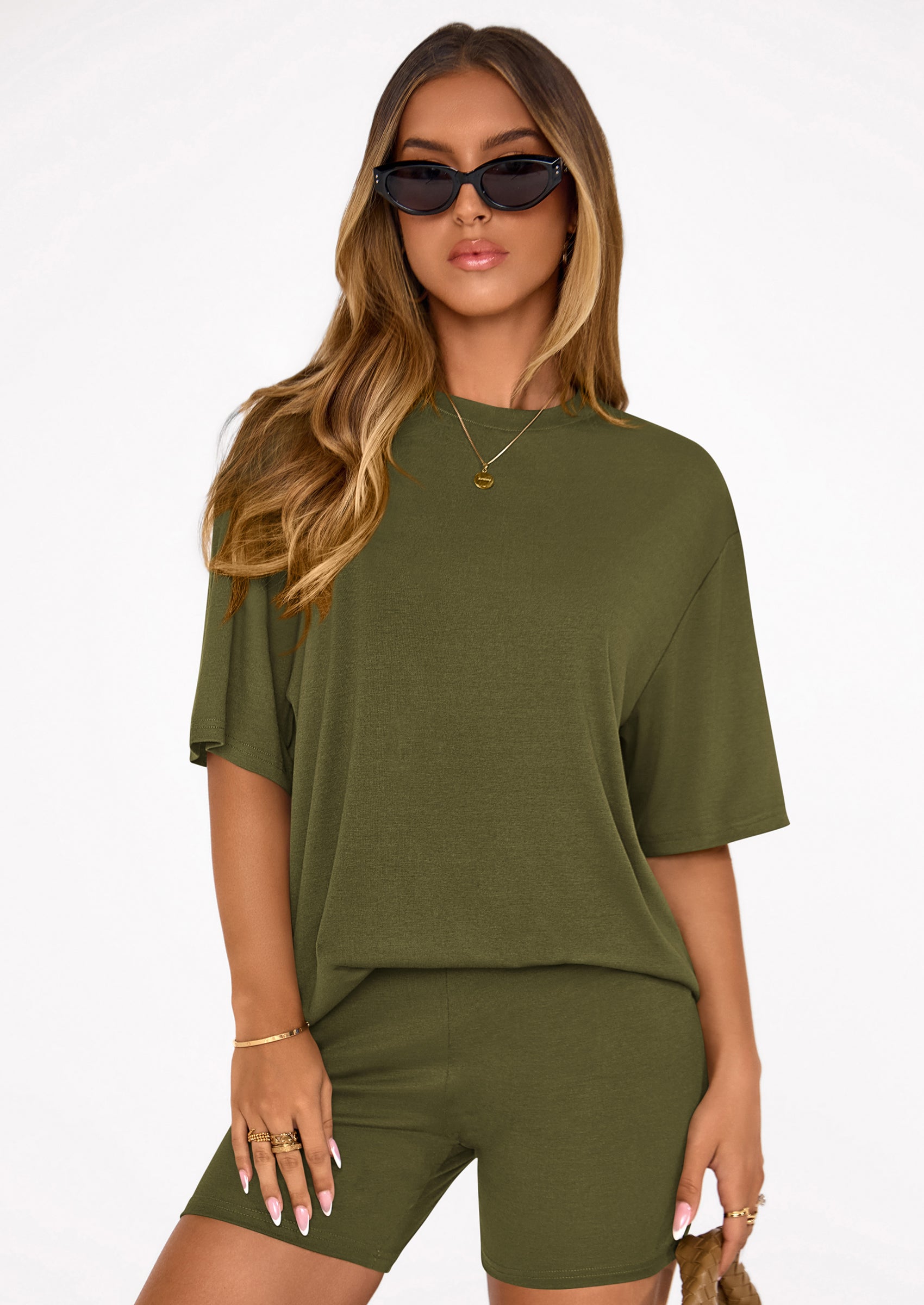 Osonn Women's Two Piece Matching Lounge Sets Summer Casual Tops Short Sleeve Shirts Shorts Travel Airport Outfits