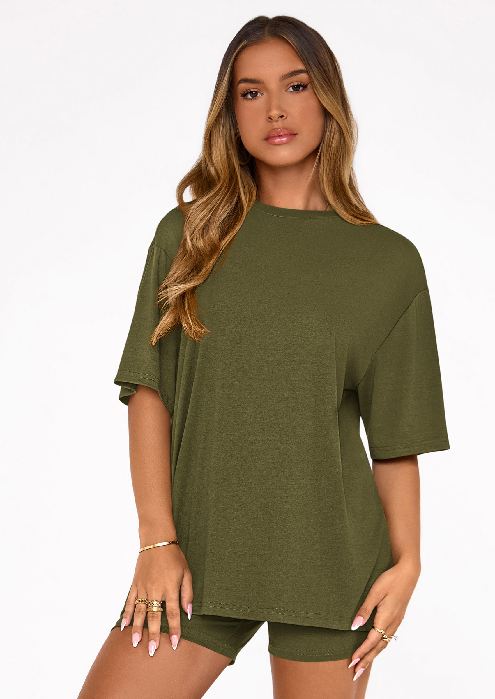 Osonn Women's Two Piece Matching Lounge Sets Summer Casual Tops Short Sleeve Shirts Shorts Travel Airport Outfits