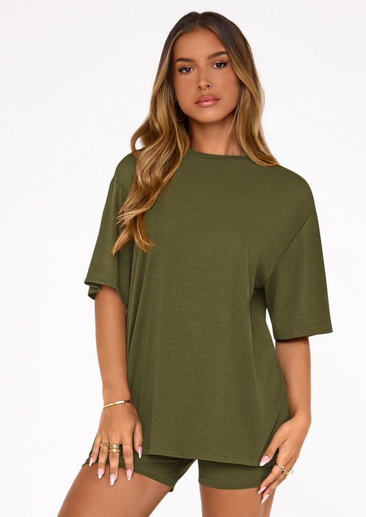 Osonn Women's Two Piece Matching Lounge Sets Summer Casual Tops Short Sleeve Shirts Shorts Travel Airport Outfits