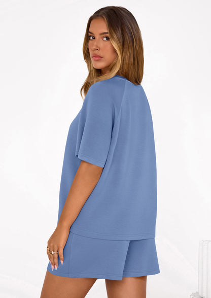 Osonn Women's 2 Piece Lounge Sets Short Sleeve Shirts Casual Tops Shorts Matching Clothing Summer Airport Outfits