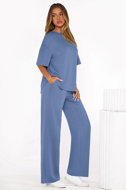 Osonn Women's Summer 2 Piece Lounge Set Short Sleeve Tops Wide Leg Pants Spring Vacation Travel Outfits Clothes
