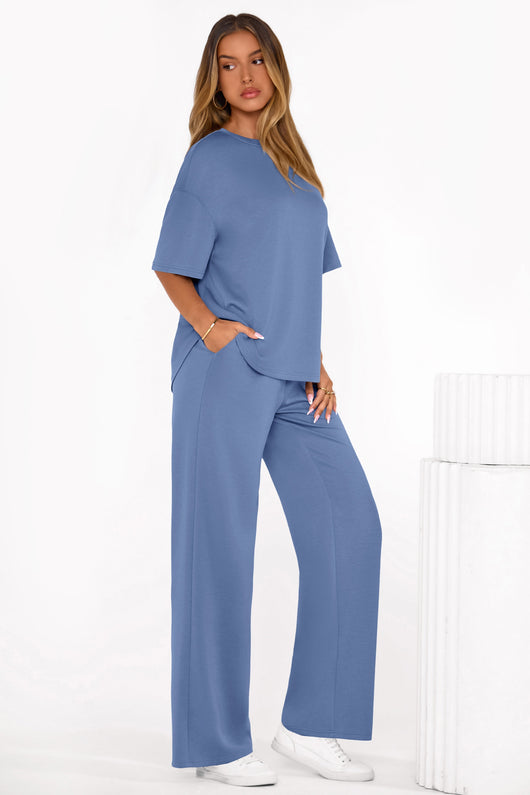 Osonn Women's Summer 2 Piece Lounge Set Short Sleeve Tops Wide Leg Pants Spring Vacation Travel Outfits Clothes