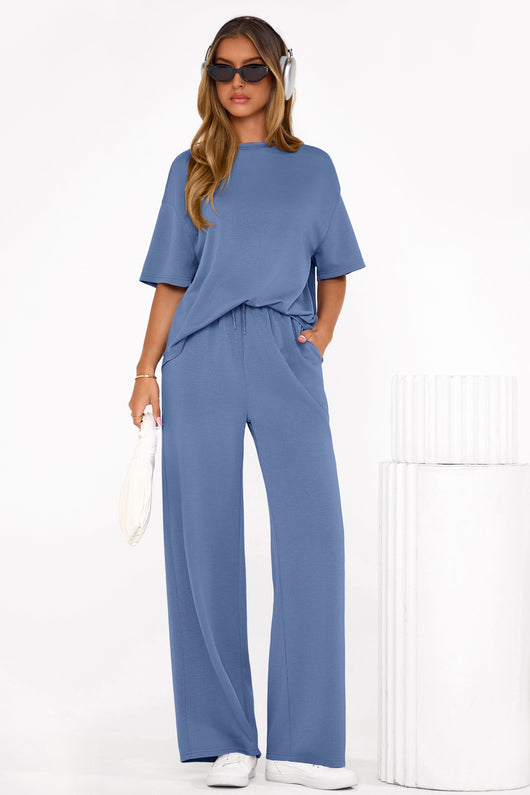 Osonn Women's Summer 2 Piece Lounge Set Short Sleeve Tops Wide Leg Pants Spring Vacation Travel Outfits Clothes