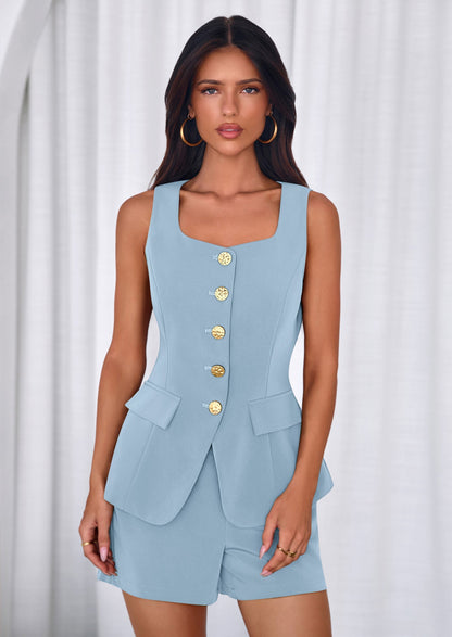 Osonn Womens 2 Piece Matching Sets Fashion Button Down Suit Vest Tops Shorts Set Spring Business Casual Outfits