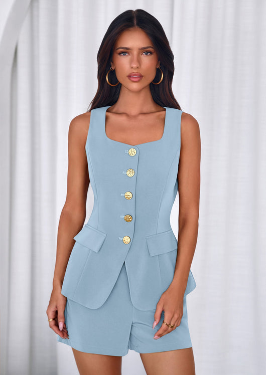 Osonn Womens 2 Piece Matching Sets Fashion Button Down Suit Vest Tops Shorts Set Spring Business Casual Outfits