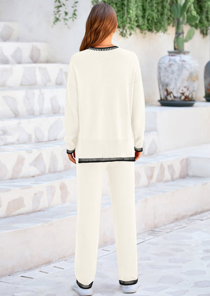 Osonn Women's 2 Piece Knit Sweater Outfit Casual Long Sleeve Pullover Wide Leg Pants Tracksuit Loungewear Set