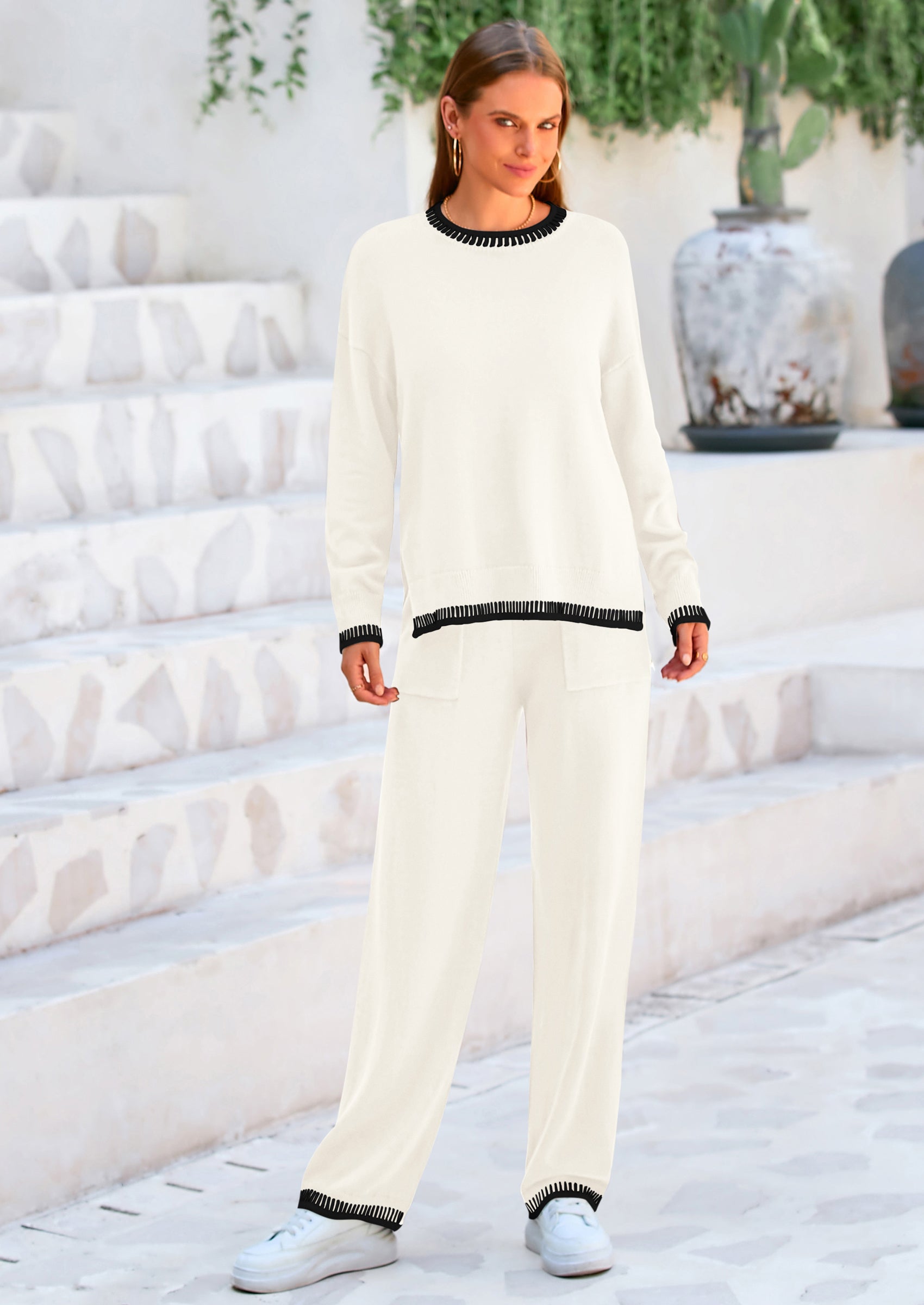 Osonn Women's 2 Piece Knit Sweater Outfit Casual Long Sleeve Pullover Wide Leg Pants Tracksuit Loungewear Set