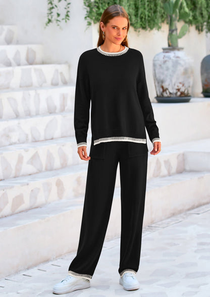 Osonn Women's 2 Piece Knit Sweater Outfit Casual Long Sleeve Pullover Wide Leg Pants Tracksuit Loungewear Set