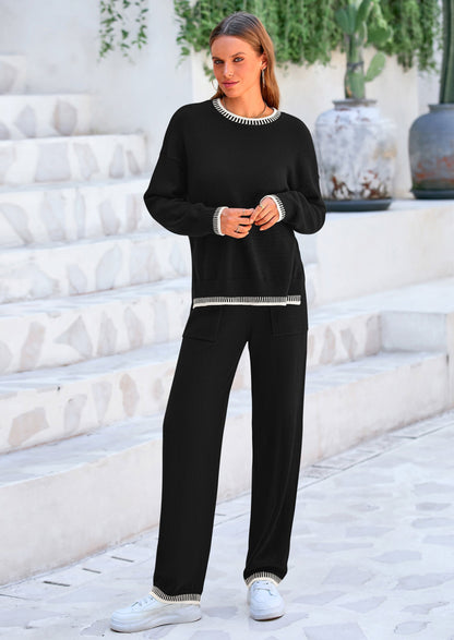Osonn Women's 2 Piece Knit Sweater Outfit Casual Long Sleeve Pullover Wide Leg Pants Tracksuit Loungewear Set