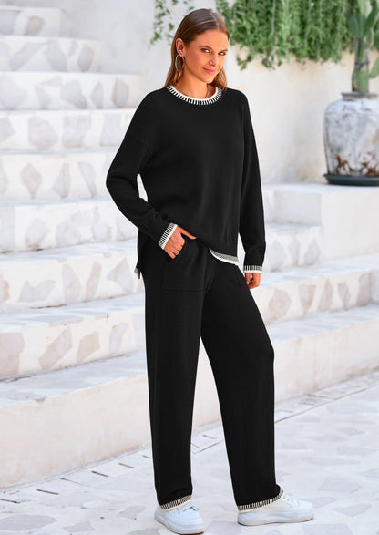 Osonn Women's 2 Piece Knit Sweater Outfit Casual Long Sleeve Pullover Wide Leg Pants Tracksuit Loungewear Set