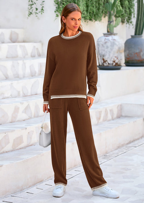 Osonn Women's 2 Piece Knit Sweater Outfit Casual Long Sleeve Pullover Wide Leg Pants Tracksuit Loungewear Set