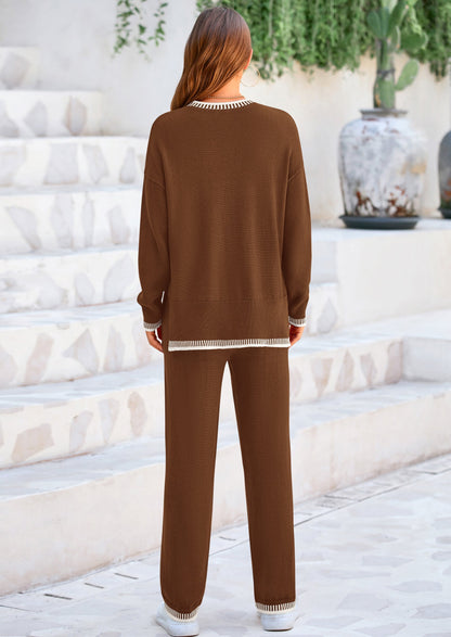 Osonn Women's 2 Piece Knit Sweater Outfit Casual Long Sleeve Pullover Wide Leg Pants Tracksuit Loungewear Set