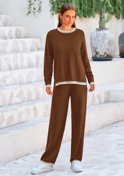 Osonn Women's 2 Piece Knit Sweater Outfit Casual Long Sleeve Pullover Wide Leg Pants Tracksuit Loungewear Set
