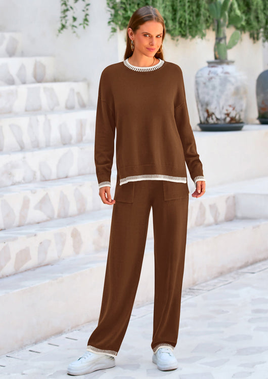 Osonn Women's 2 Piece Knit Sweater Outfit Casual Long Sleeve Pullover Wide Leg Pants Tracksuit Loungewear Set